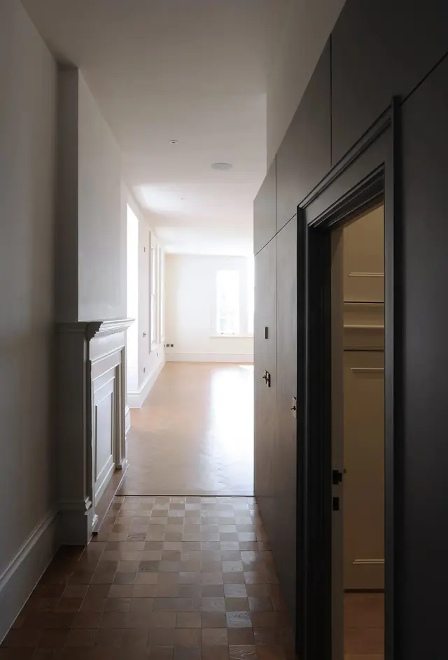 Hallway with encaustic tiles and restored joinery
